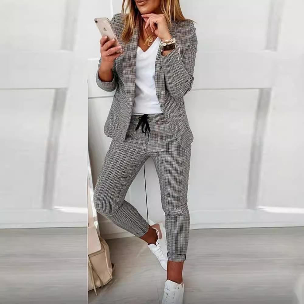 Herbst Winter Karodruck Zweiteilige Sets Damen Lässig Reverskragen Blazer & Hosen Set Outfits Mode Elegant Anzugsets XXL schwarz