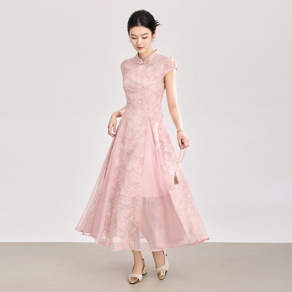 Abito Qipao in Organza Patchwork di Pizzo Burnout 3D Stile Cinese Nuovo Nanyou con Vita Stretta