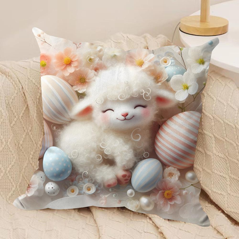 Little Lamb Easter Cushion Cover Silky Short Plush Invisible Zipper Dustproof Sofa Pillow Case For Home Decor