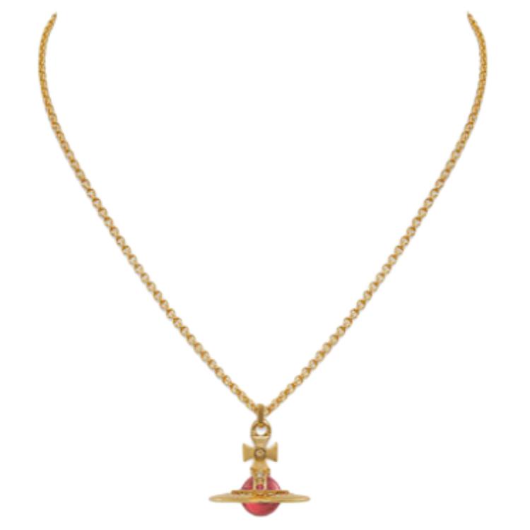 VIVIENNE WESTWOOD Tiny Orb Saturn Transparent Red Ball Pendant Necklace Unisex Necklace Brass Crystal Gold 63020224-02R513-CN