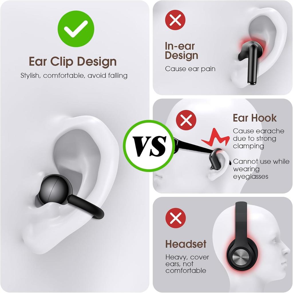 UYUXIO OWS Wireless Earbuds BT 5.4 Clip on Earphone with 50H Play Time Open Ear Long-Battery Life Ear Buds Headphone for Sport