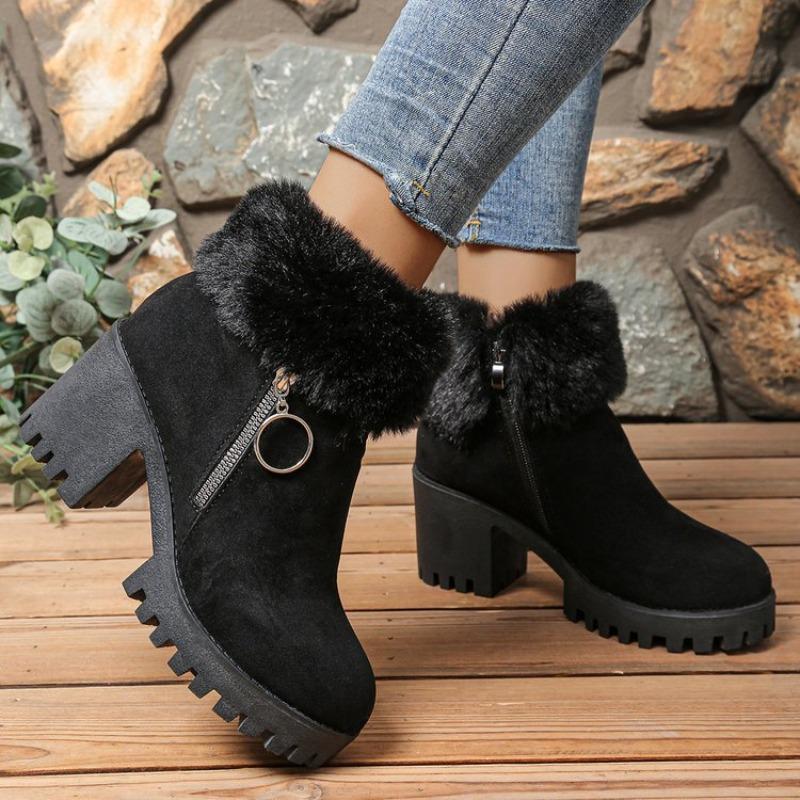 Women's Plus-Size Suede Platform Snow Boots - Short Ankle, Fleece-Lined, Winter 2025, Fashionable & Warm