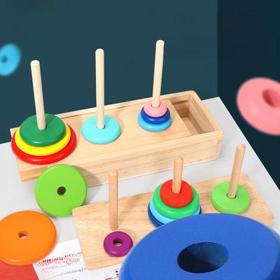 Dřevěná dětská barevná Hanojská věž: Desetivrstvá stohovatelná a odnímatelná vzdělávací hračka z masivního dřeva