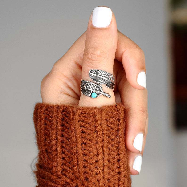 Independent Station Turquoise Ring Fashion Vintage Feather Thai Silver Opening Men's and Women's Rings Spot