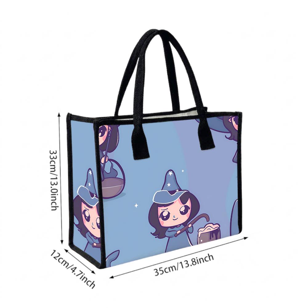 Cute Witch Pattern Tote Bag Casual Large Capacity Portable Shopping Handbag for Daily Use