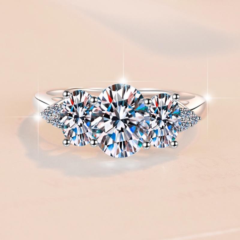Three Stone Ring S925 Sterling Silver GRA Certificate Round Cut D Color VVS1 Moissanite Anniversary Wedding Ring for Women