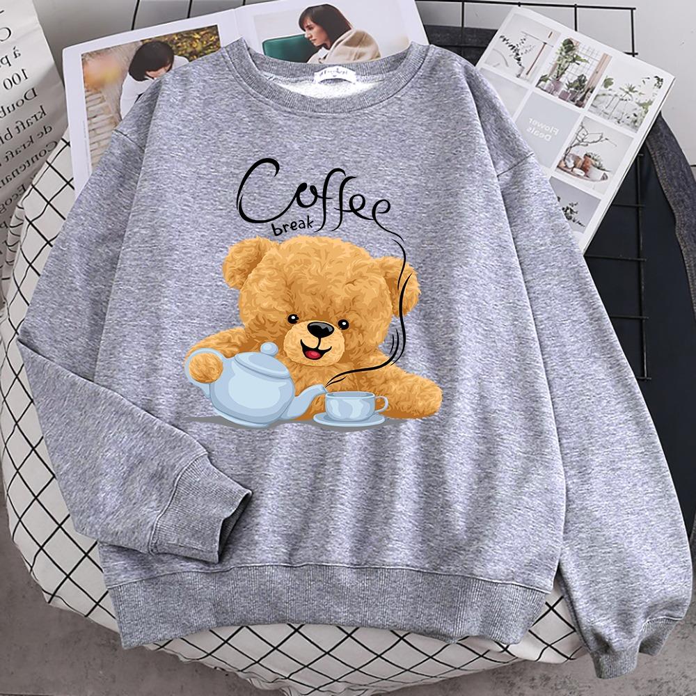 Street Casual Womens Sweatshirt Coffee Break Teddy Bear Making Coffee Print Hoodies Loose Soft Pullovers Crewneck Clothes