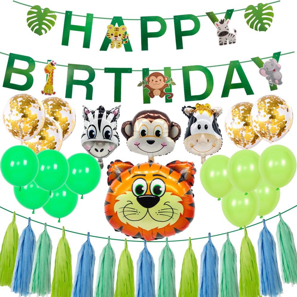 

Hanging Jungle Animal Happy Birthday Banner Animal Cake Toppers Birthday Party Decor