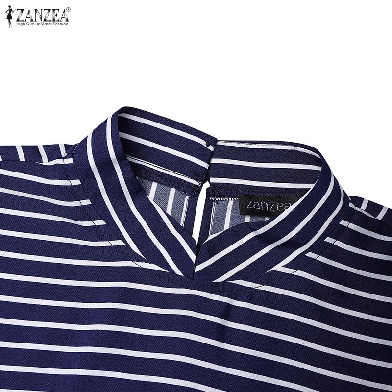 ZANZEA Women Casual Stand Collar Loose Nine Quarter Sleeve Retro Stripe Long Dress