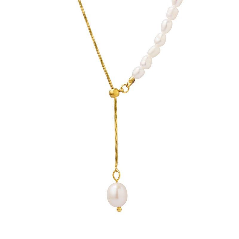 Luxury European Style Freshwater Pearl Titanium Steel Gold Plated Snake Bone Necklace For Women