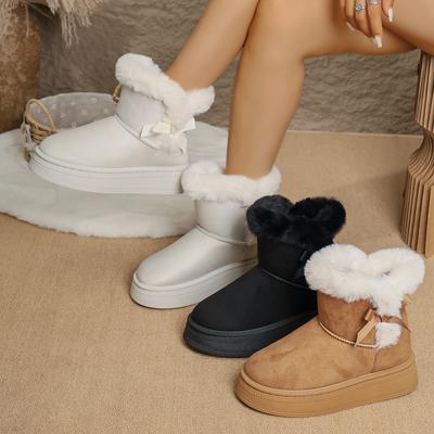 Botins de Tornozelo de Camurça Sintética com Laço Femininos Quentes Acolchoados de Algodão Felpudo Espesso Botas de Neve Sola Grossa Plataforma Chunky Sapatos Casuais