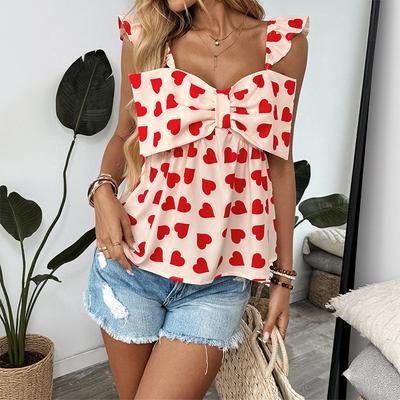 Summer's New Sweet Heart-shaped Bow Doll Blouse with Small Flying Sleeves and A Strappy Top for Women