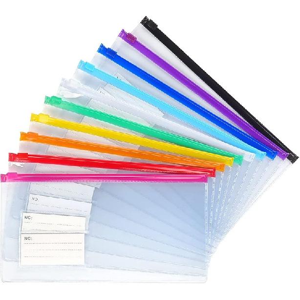 Tamaki 10 Pack Zipper Plastic Envelopes, Small Plastic Envelopes, A6 Size for Pencil Case Bulk, Bill Bag, 10 Color (9x4.7 Inch)