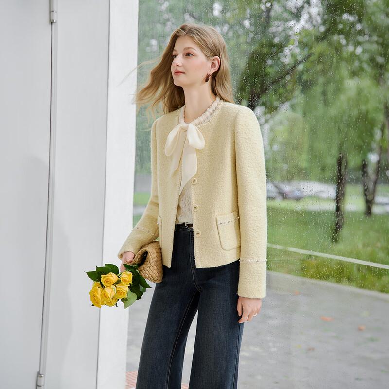 Xiangying Women's Yellow Tweed Woolen Jacket