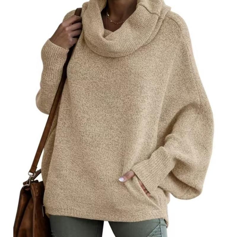 Mode Hög Krage Dam Enfärgad Tröja Mode Pullover Lykta Lös Långärmad Casual Tröja
