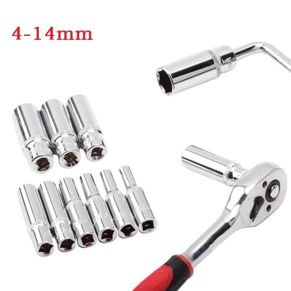 1pc 1/4 Hex Socket Adapter Chromium-vanadium Steel Deep Socket Wrench Head Sleeve For Ratchet Wrench Auto Repair Hand Tool