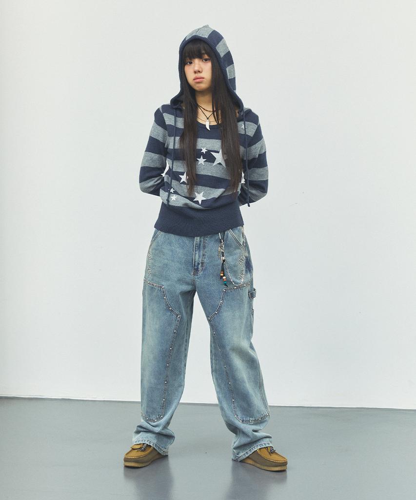 CAVISH W U Neck Striped Star Knit Hoodie Navy(Cv2Fffk601A)