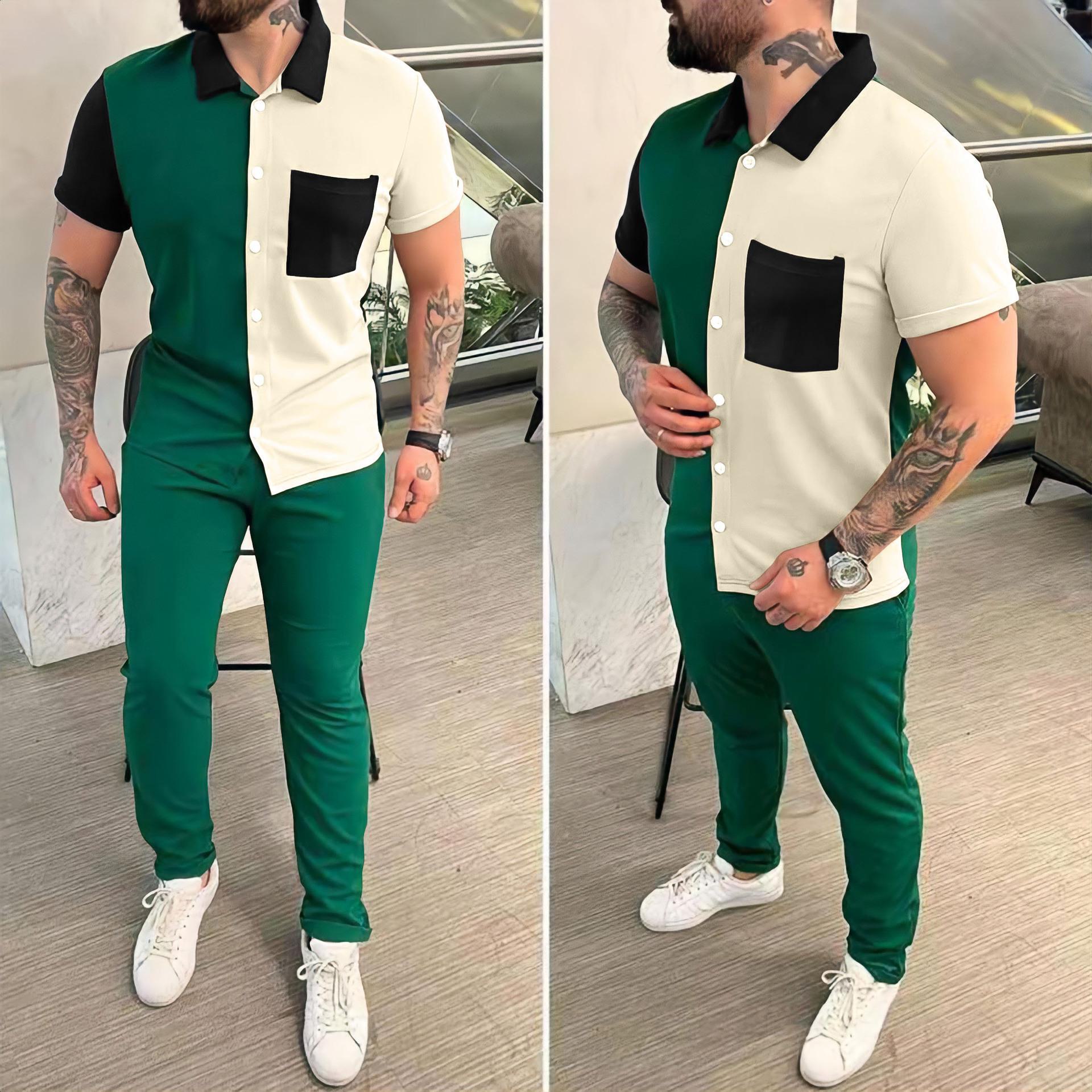 

2026 Spring & Fall Colorblock Men s Casual Short-Sleeve Shirt and Trousers Sports Set. XXXL зелений