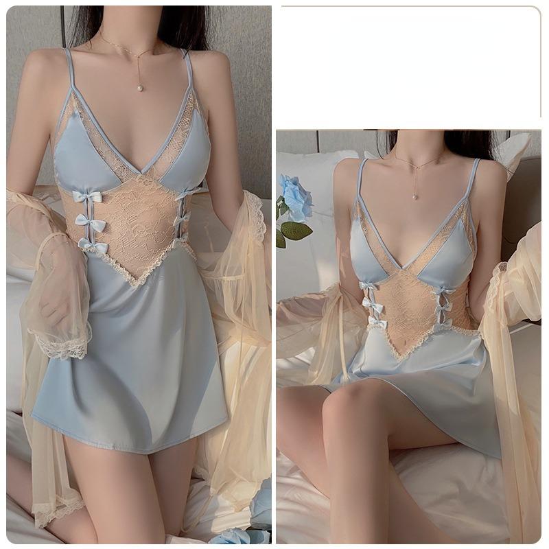 Sexy ryggløs forførende dyp V komfortabel pyjamas sløyfe stropp pyjamas kjole hjemme dress
