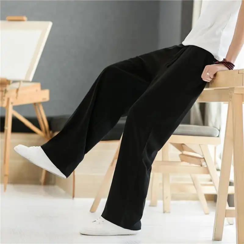 Mens Solid Color Linen Elastic Waist Wide Leg Pants