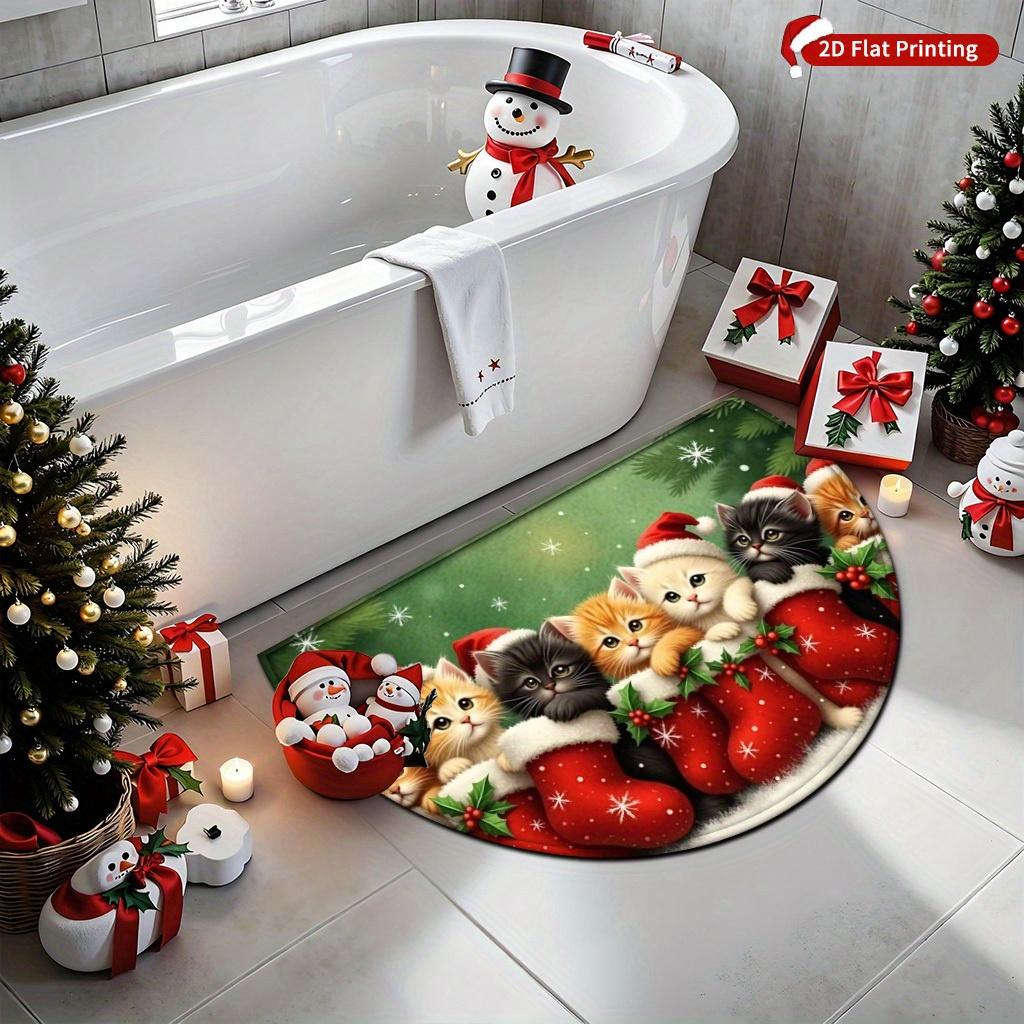 1Pcs Cute Christmas Cat Semi Circle Welcome Doormat Non-Slip for Outdoor Patio Porch Kitchen Bathroom Entryway Floor Mat
