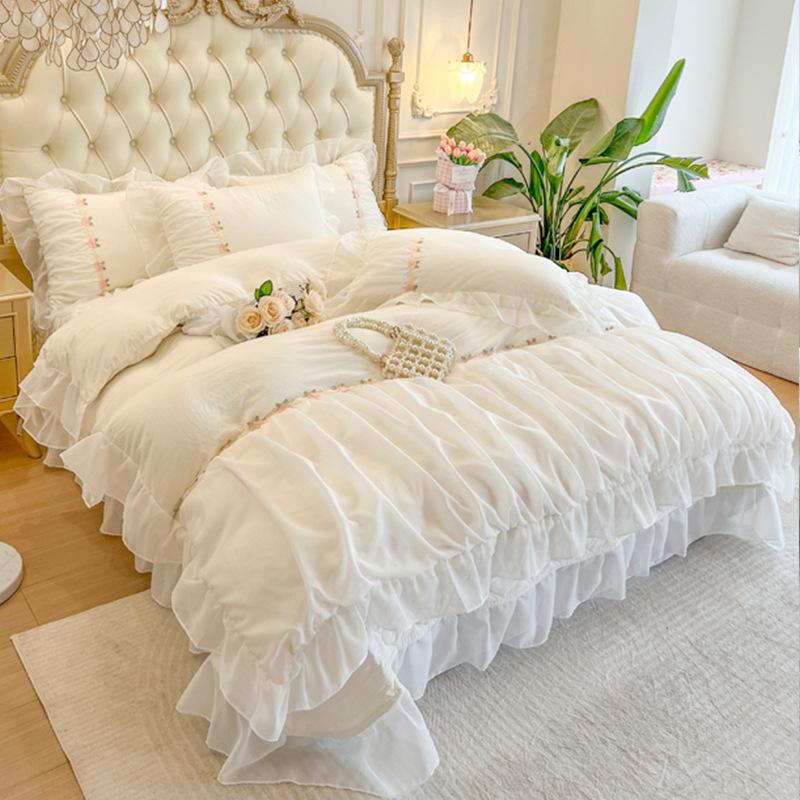 Light Luxury French Chiffon Side Bed Set Four-piece Set Washed Skin-friendly Breathable Bed Sheet Quilt Cover Pillowcase