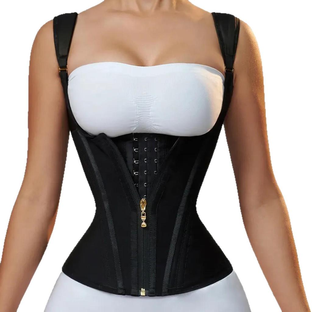 Women's Cross-15 Bone Elastic Mesh Waist Corset with Zipper & Bra Support for Body Shaping
