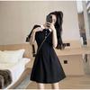 Women's Petite Black Polo Collar Waist-Cinching Dress - 2025 Summer Little Black Dress