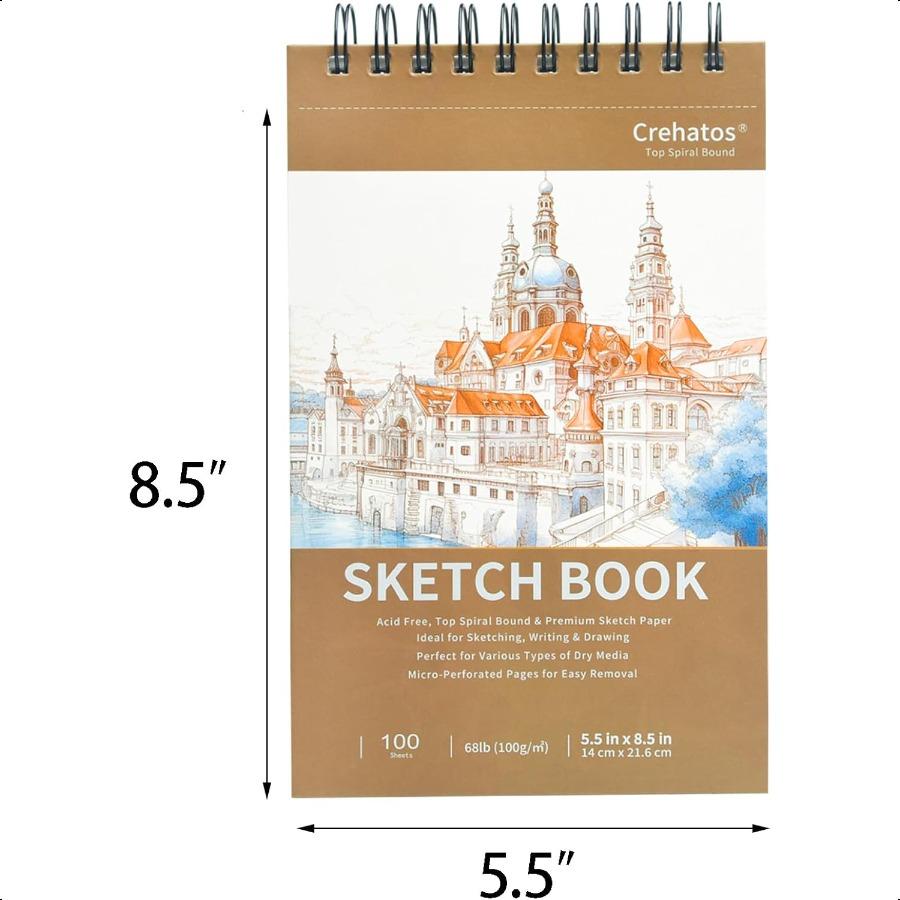 Crehatos 5.5 x 8.5 Sketch Book Top Spiral Bound Sketch Pad 100 Sheets Each 68lb 100gsm Drawing Paper 2 Pack