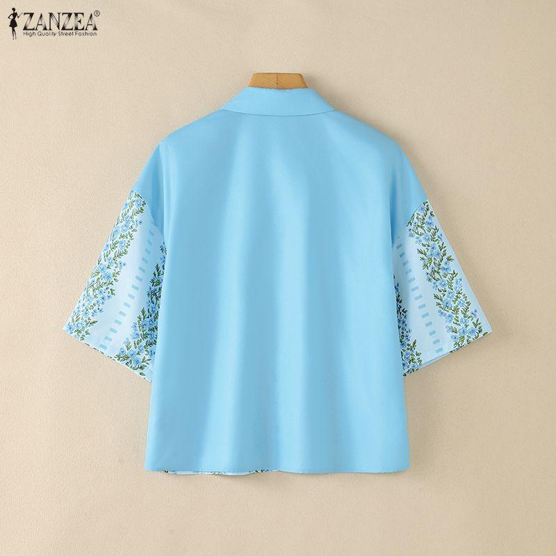 ZANZEA Women Casual Turn Down Collar Loose Half Sleeve Print Blouse