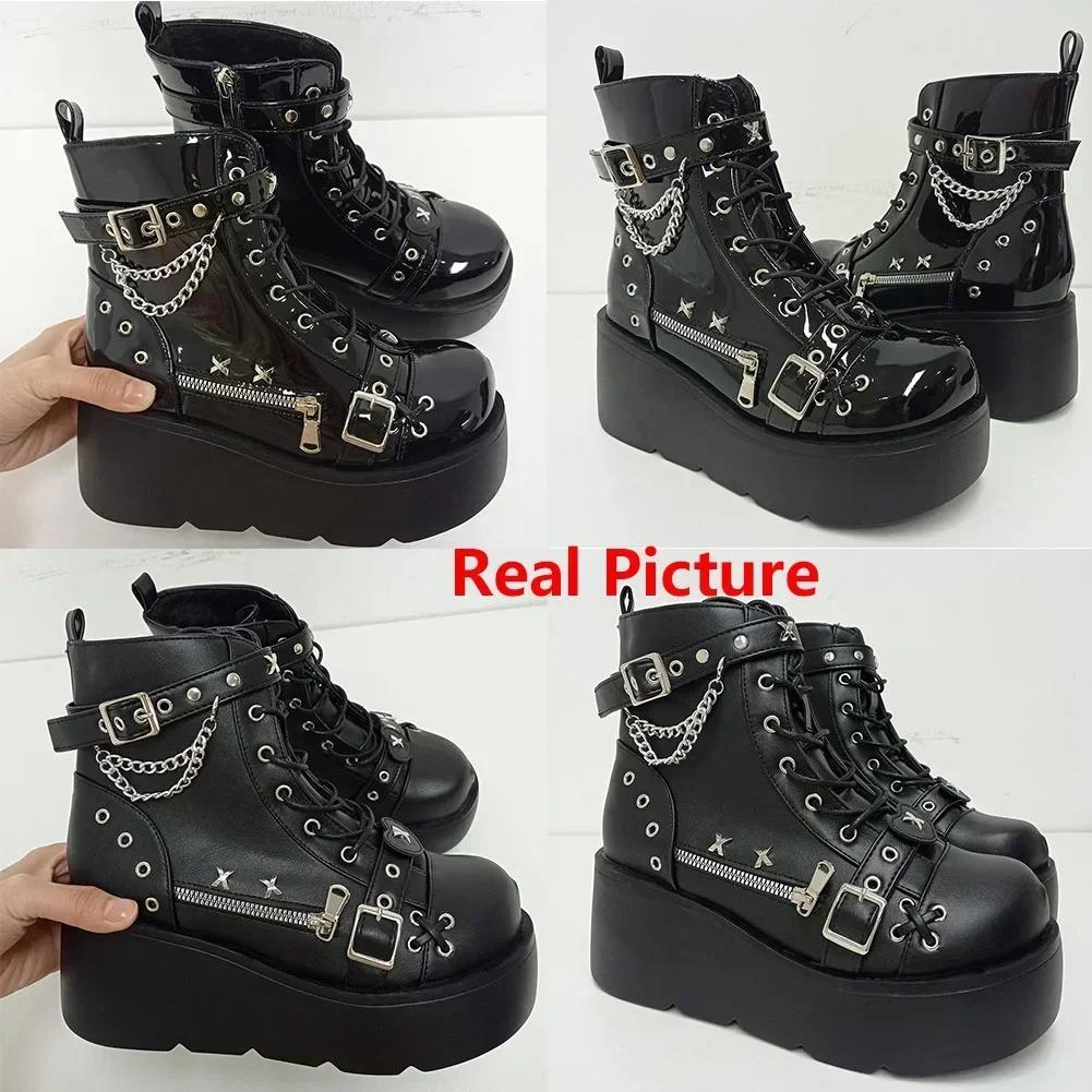 Fashion New Gothic Style Platform Vampire Cosplay Women Mid-calf Boots 2024 Winter Wedges Comfy Women Motorcycle Boots Shoes