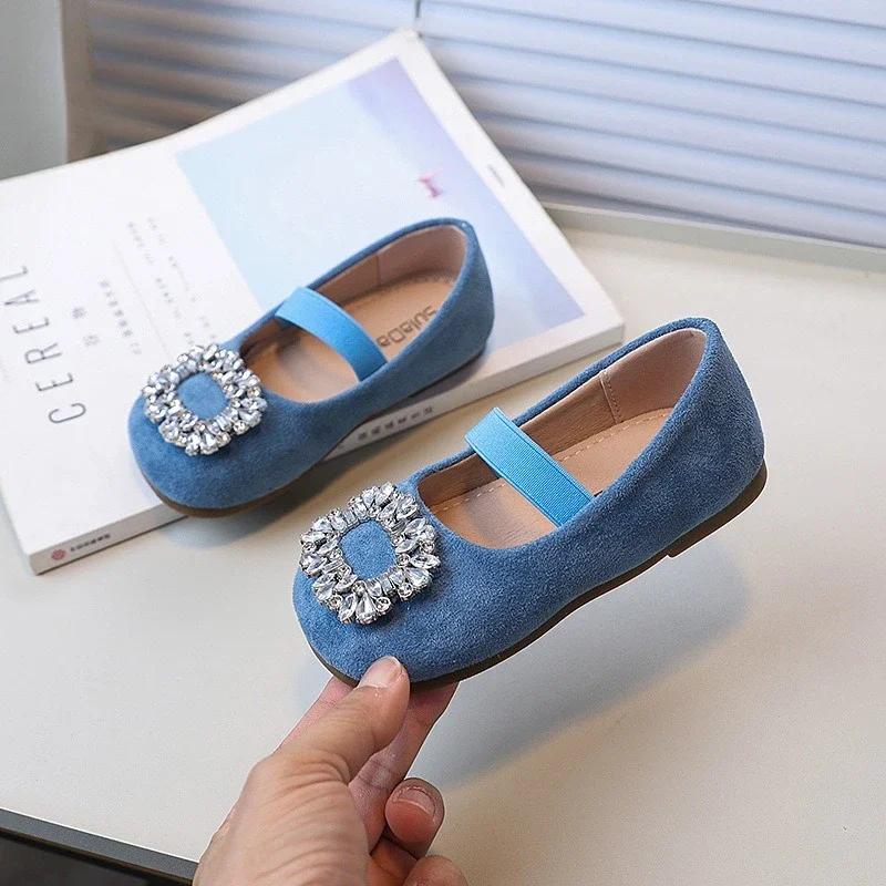 Children Girls Leather Shoes Luxury Rhinestone Kids Fashion Ballet Flat Shoes Elegant Versatile Princess Causal Shoes Slip-on