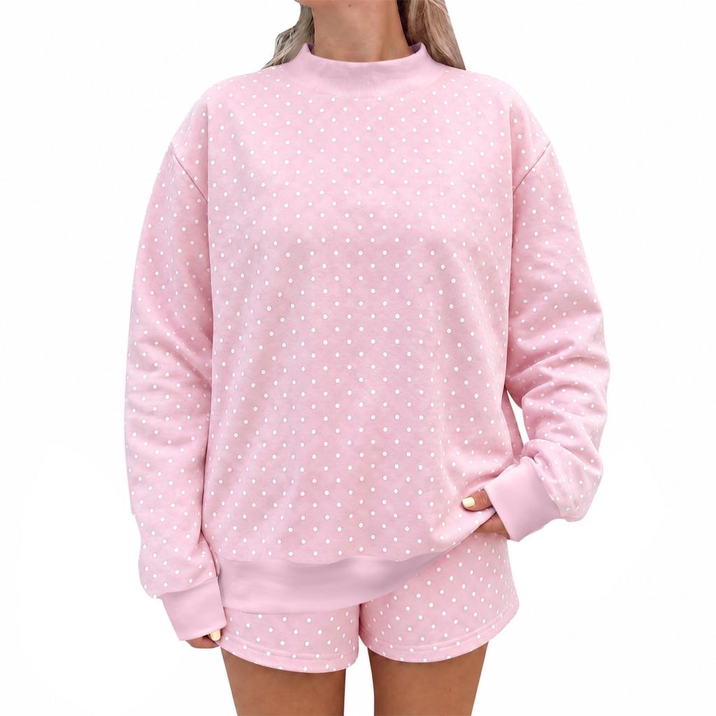 Women's Loose Fit Polka Dot Long Sleeve Neck Sweatshirt and Shorts 2 Piece Set