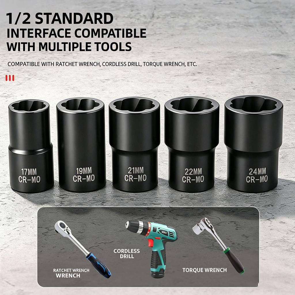 High Hardness 1/2 Inch Drive Reverse Thread Nut Extractor Set Broken Bolt Remover Socket Tool for Motorcycle Auto Repair