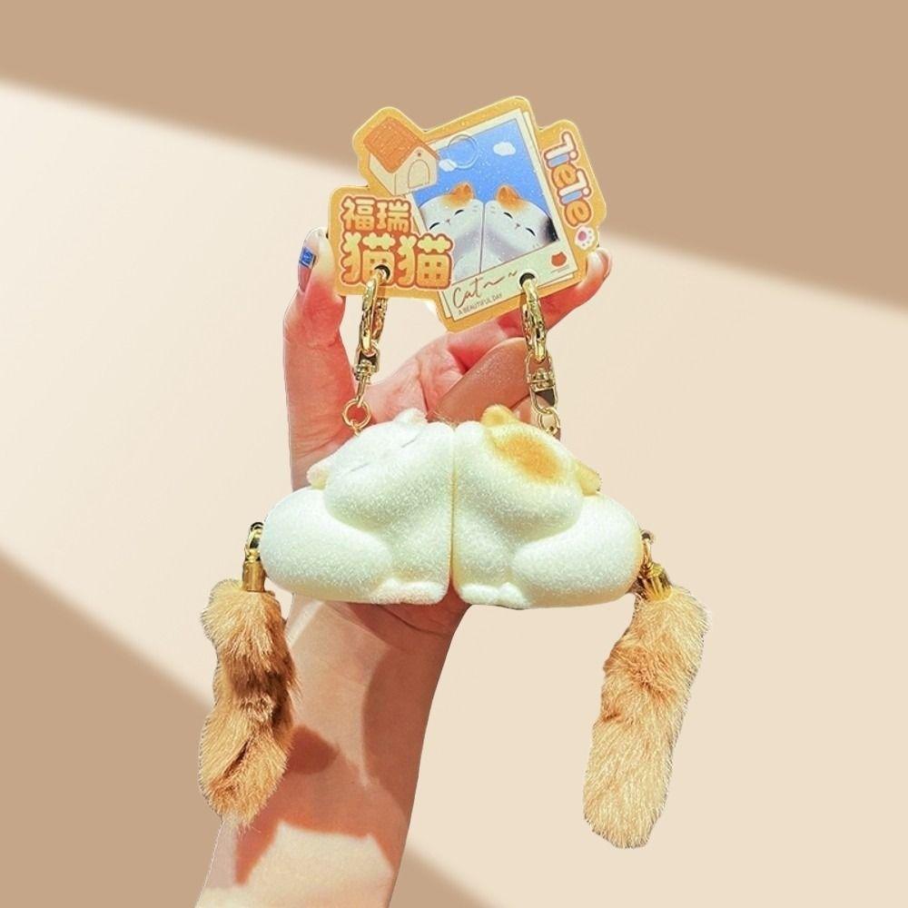 Pom Accessories Couple Cat Key Chain Cartoon Mink Fur Cat Keyring Long Tail Cat Pendant  Car Decor