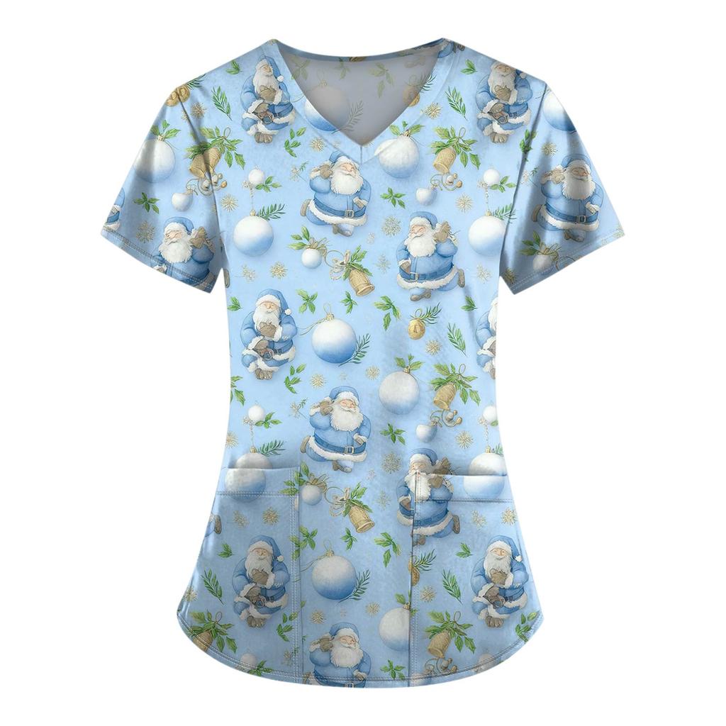 Ladies' Fashionable V-neck Pocket Short Sleeved Christmas Tree Printed Caregiver Shirt