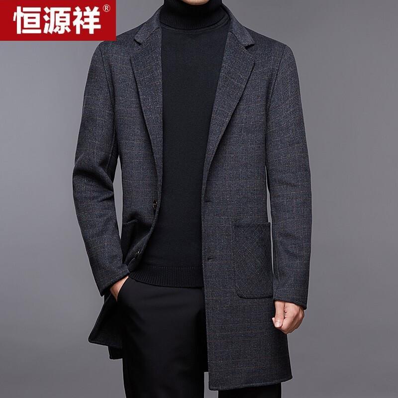 Hengyuanxiang Men's Mid-length Plaid Double-faced Wool Overcoat