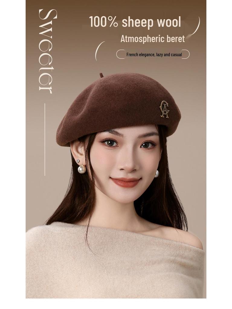 Elegant Large Pure Wool Beret for Women - Retro Autumn/Winter Painter Hat with Warmth and Slimming Effect