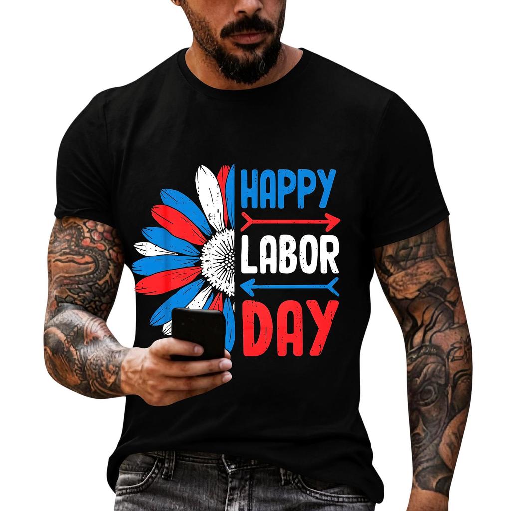 Men's Casual Loose Fit Short Sleeve T-Shirt Crew Neck Printed Graphic Tee for Labor Day Celebration Comfortable Everyday Wear