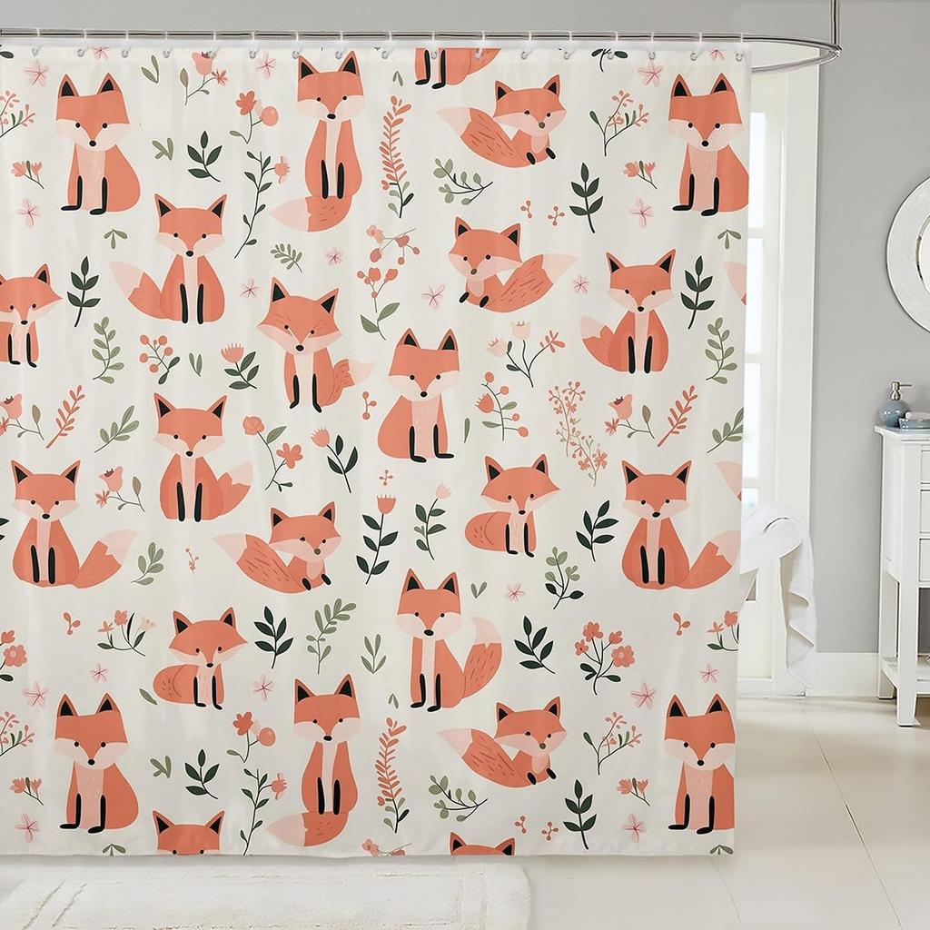 Pink Fox Shower Curtain Japanese Cherry Blossoms Bath Curtain Girls Teens Cute Cartoon Bathroom Shower Curtain Set Waterproof