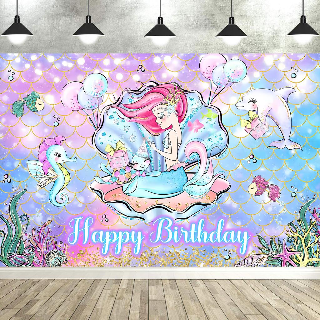 Mermaid Birthday Backdrop Under The Sea Birthday Party Decoration for Girl Purple Glitter  Mermaid Tails Photography Background