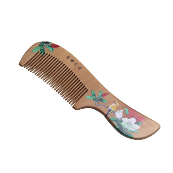 Painted Flower Peach Wood Healthy Scalp Comb Hair Massage Anti-Static Care Tool