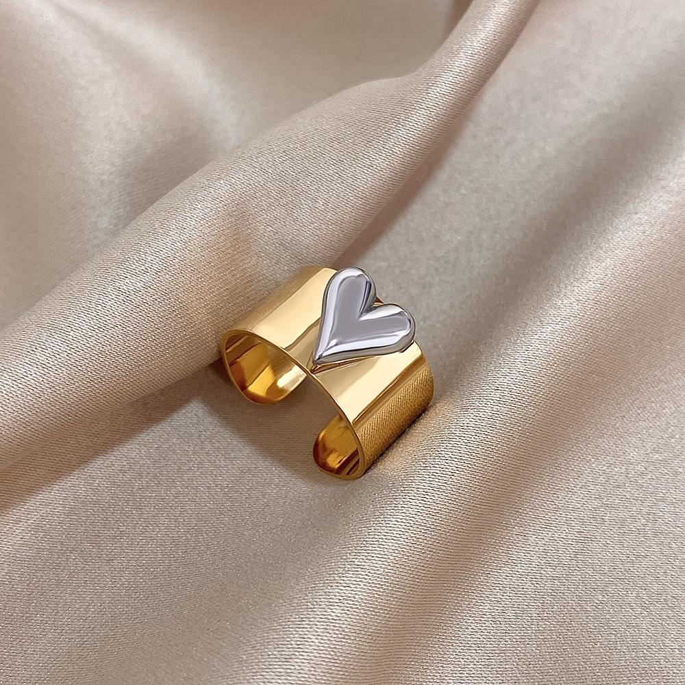 Flashbuy Stainless Steel Rings for Women Gold copper Color Love Heart Open Ring Statement Fashion Zircon Gift