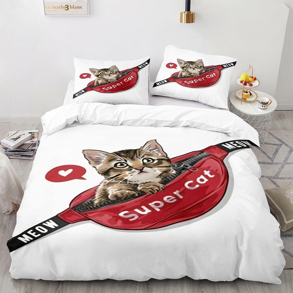 3D Animal Bedding Set Cat Down Duvet Cover Pillowcase 2/3pc Soft Quick Drying Home Textile Single Double Bed All Sizes