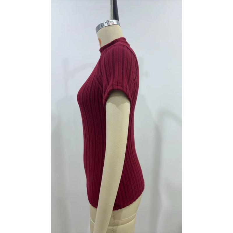 Wiosna i Lato Jednokolorowe Paski Dzianinowe Bluzki z Krótkim Rękawem Nisza Półwysoki Kołnierz Dopasowane Damskie T-shirty