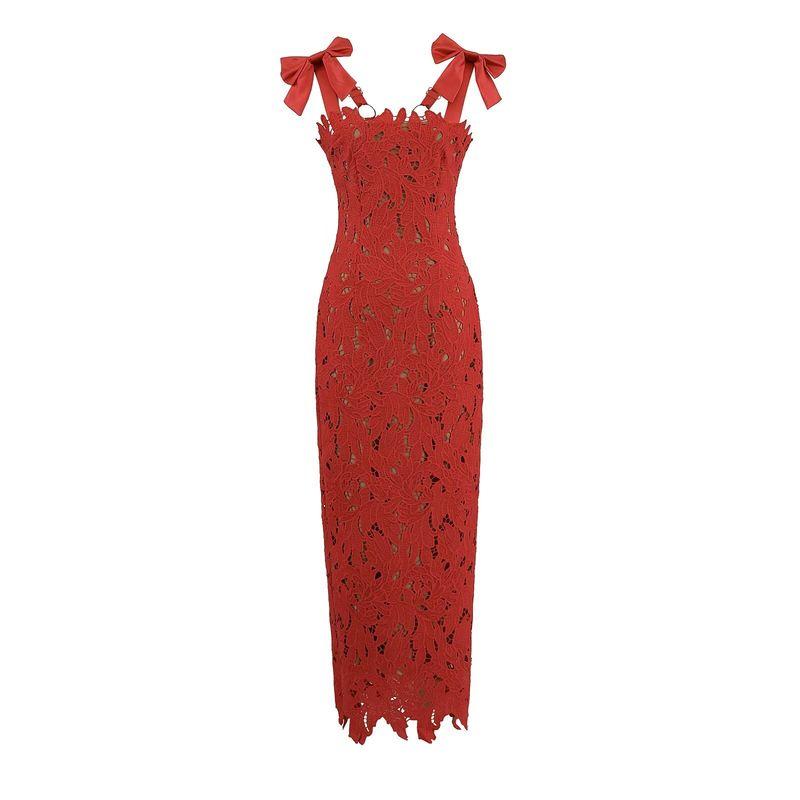 

Sexy Hollow-out Backless Bow Sling Dress Women Elegant Red Cheongsam Christmas Formal Dress Hip Skirt Red XS