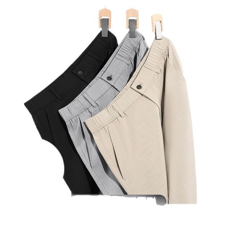 Pánské vysoce kvalitní business casual kalhoty z ledového hedvábí s elastickým pasem a rovnými nohavicemi - s krátkým rukávem, pohodlné na léto