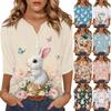 Top T-shirt de Damă la Modă și Casual cu Imprimeu Iepuraș de Paște și Ouă, Decolteu în V, Nasturi, Mânecă Trei Sferturi