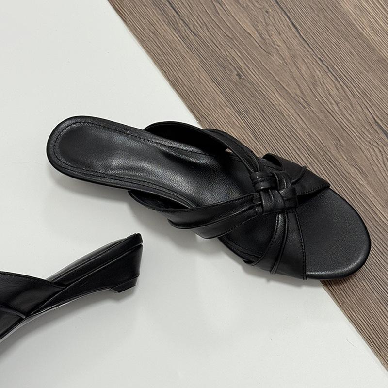 Cowhide version! Temperament commuter wedge heel one-word cool slippers women's new kinked open-toed half slippers
