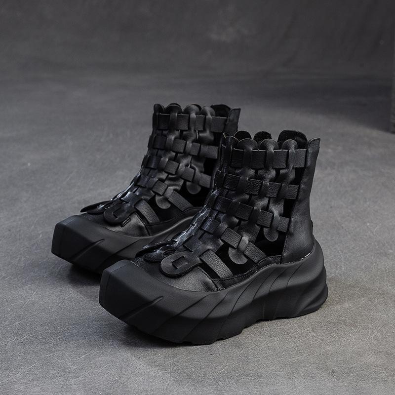 

Johnature Hand Woven Hollow-out Летние ботинки из натуральной кожи в стиле ретро с дышащей отделкой Удобные женские туфли на толстой подошве 40 чёрный